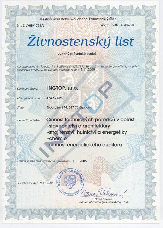Činnost technických poradců v oblasti - stavebnictví a architektury - strojírenství, hutnictví a energetiky - chemie -činnost energiteckého auditora 